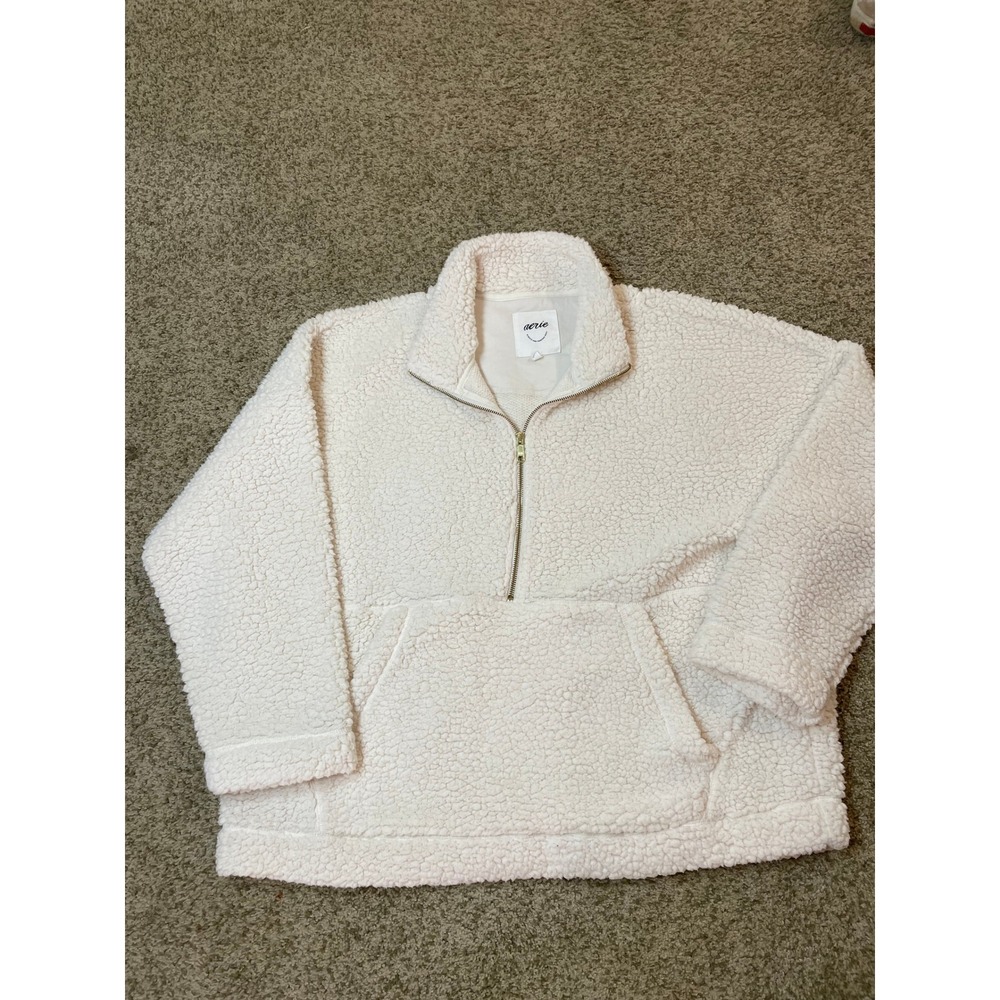 Aerie Cream Sherpa Quarter Zip Pullover Fleece Kangaroo Pocket XL Granola